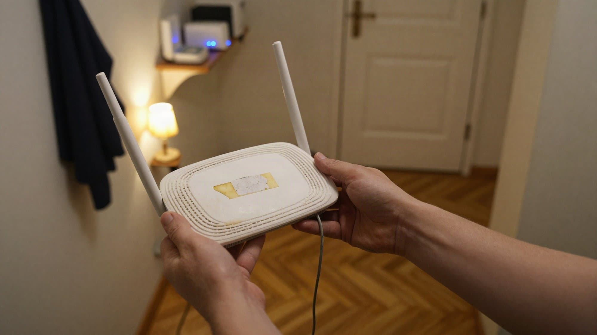Ruce drží malý bílý domácí router v šeré předsíni bytu, na spodní straně routeru je ohmataná nálepka.