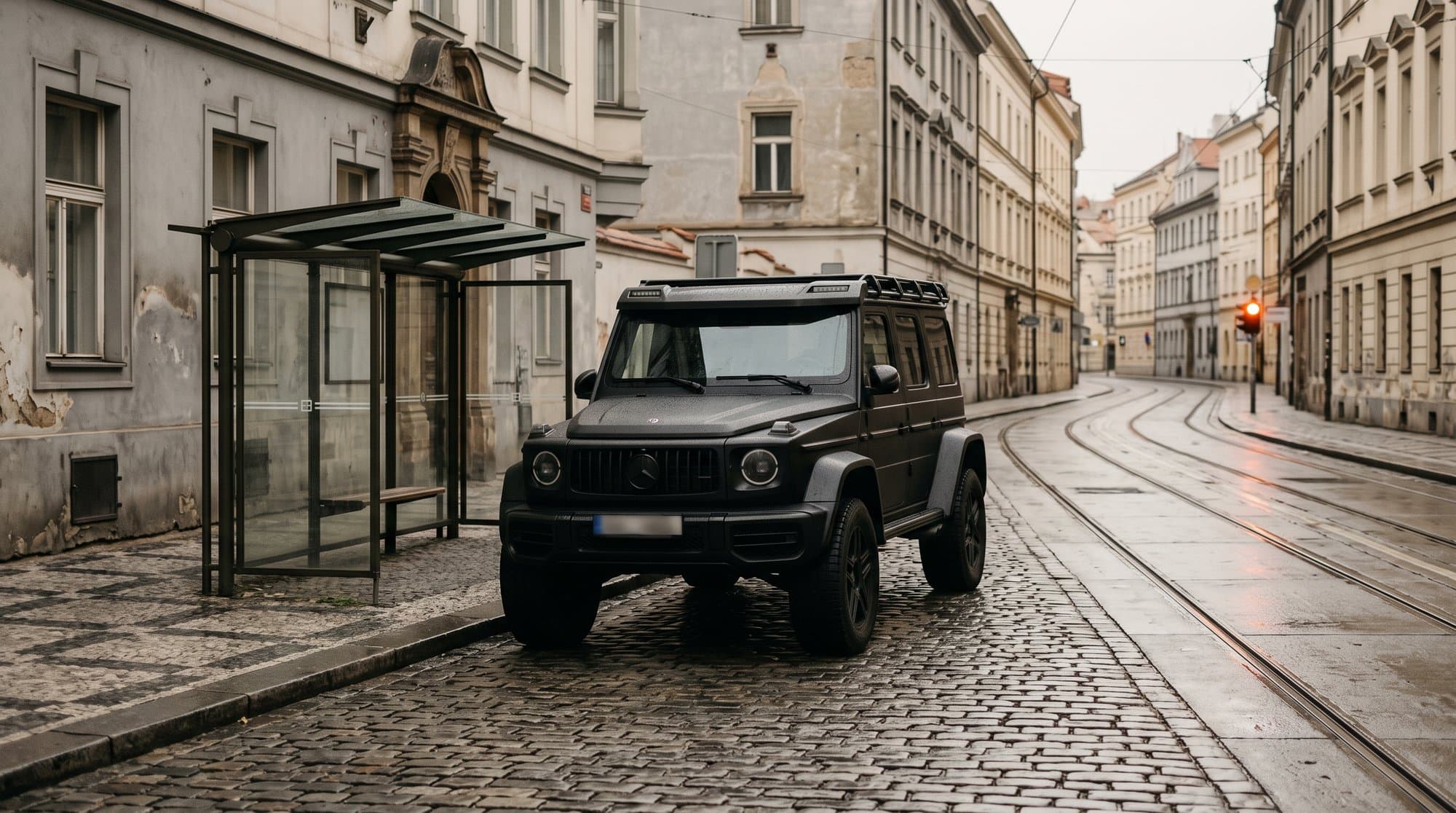 Velké černé hranaté SUV zaparkované samo u pražské tramvajové zastávky na mokrých dlažebních kostkách.