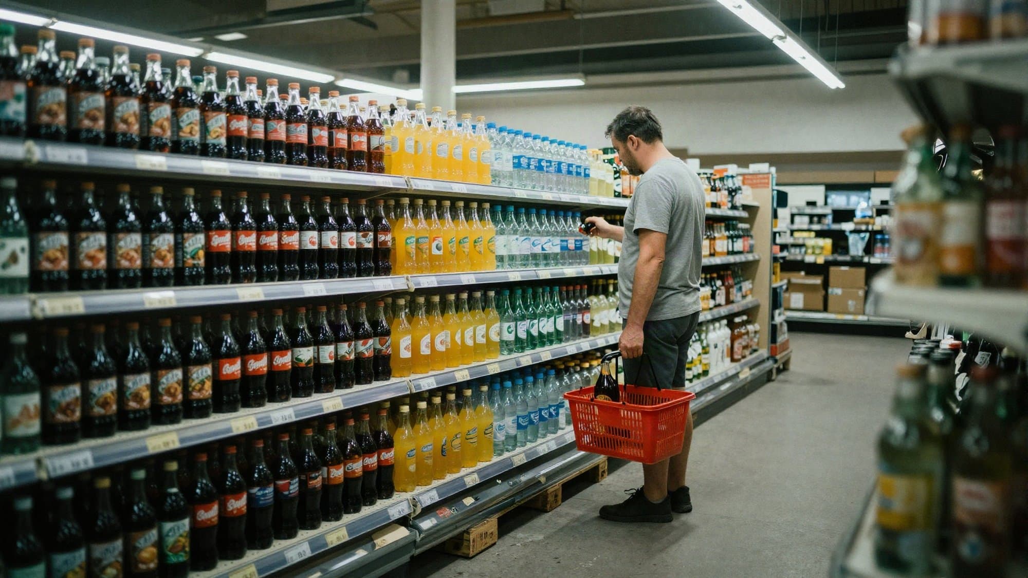 Muž s košíkem stojí ve večerním diskontu před regálem s nápoji, který je zaplněný různými značkami limonád a minerálek.