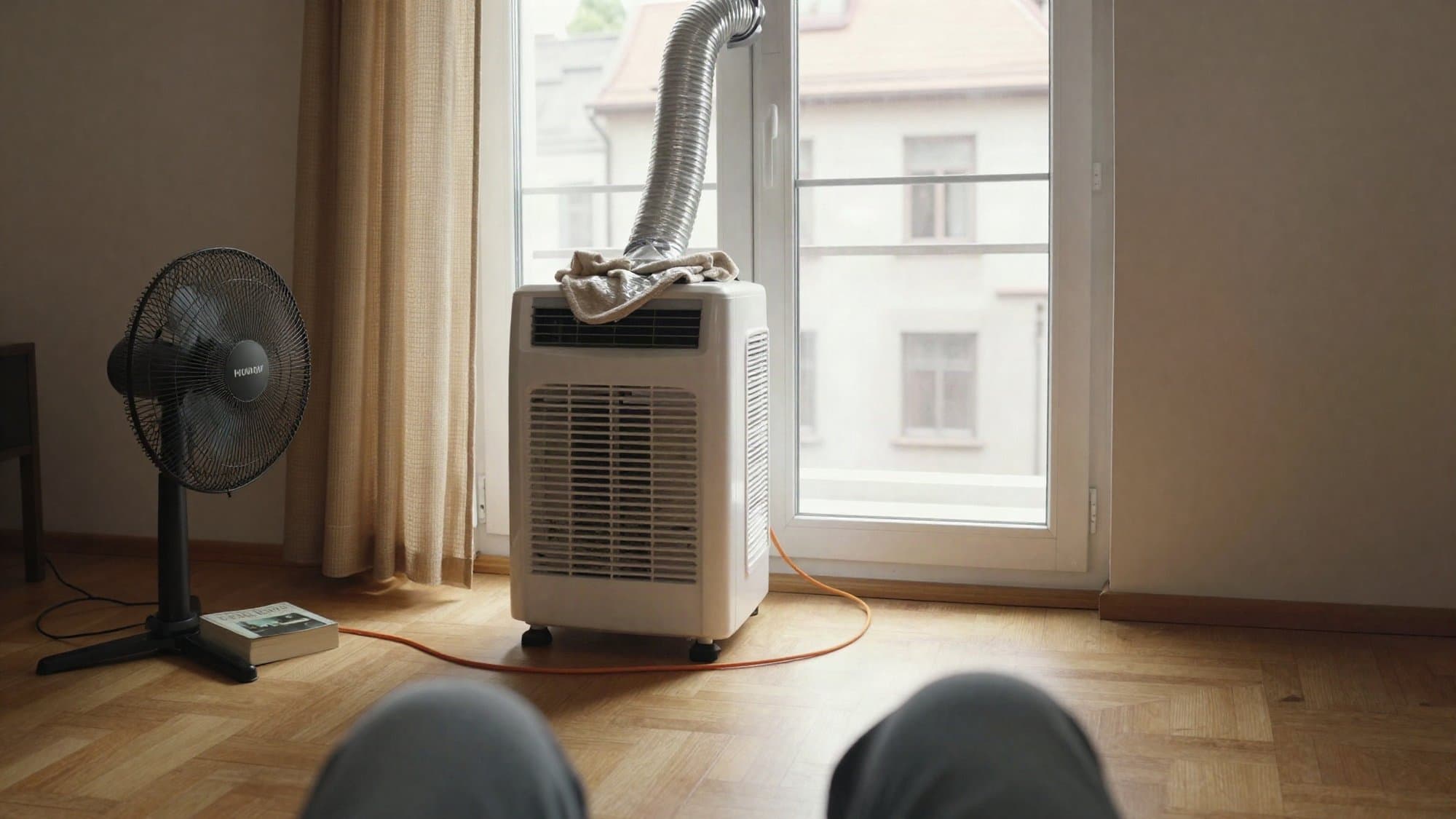 Obývák s mobilní klimatizací u okna, hadice vede ven mezerou ucpanou ručníkem a přelepenou izolepou, vedle na podlaze stojanový ventilátor podložený knihou.