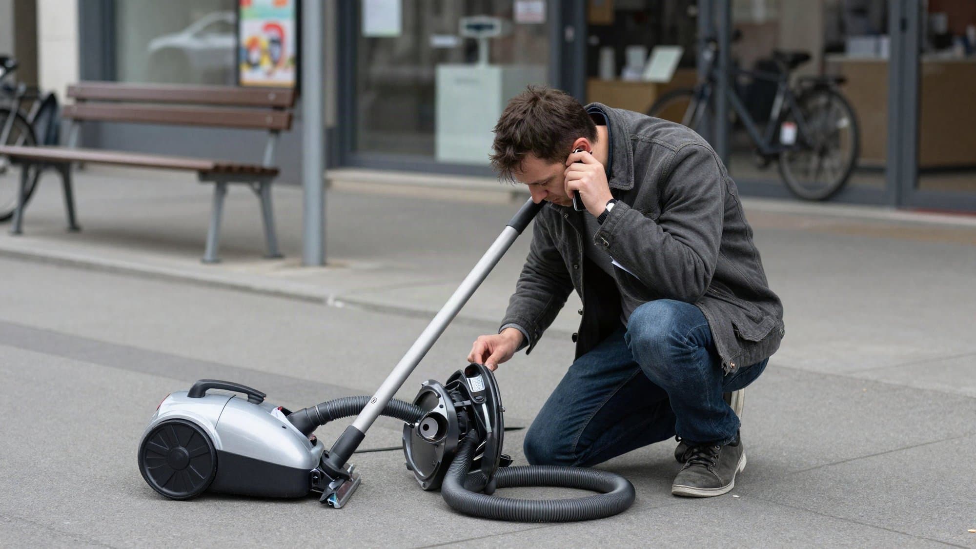 Muž klečí na chodníku před obchodem s elektrem u převráceného vysavače a telefonuje.