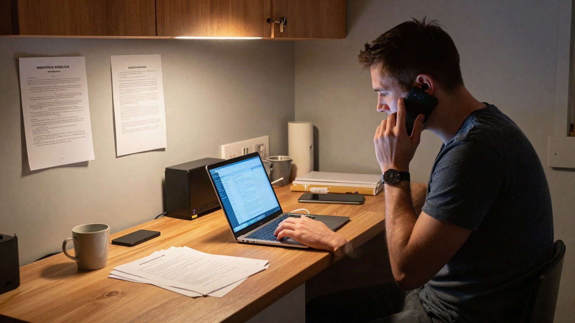 Muž v teplákách sedí v noci u kuchyňského stolu, telefonuje a dívá se do otevřeného notebooku. Vedle něj leží občanský průkaz a jeho papírová kopie.
