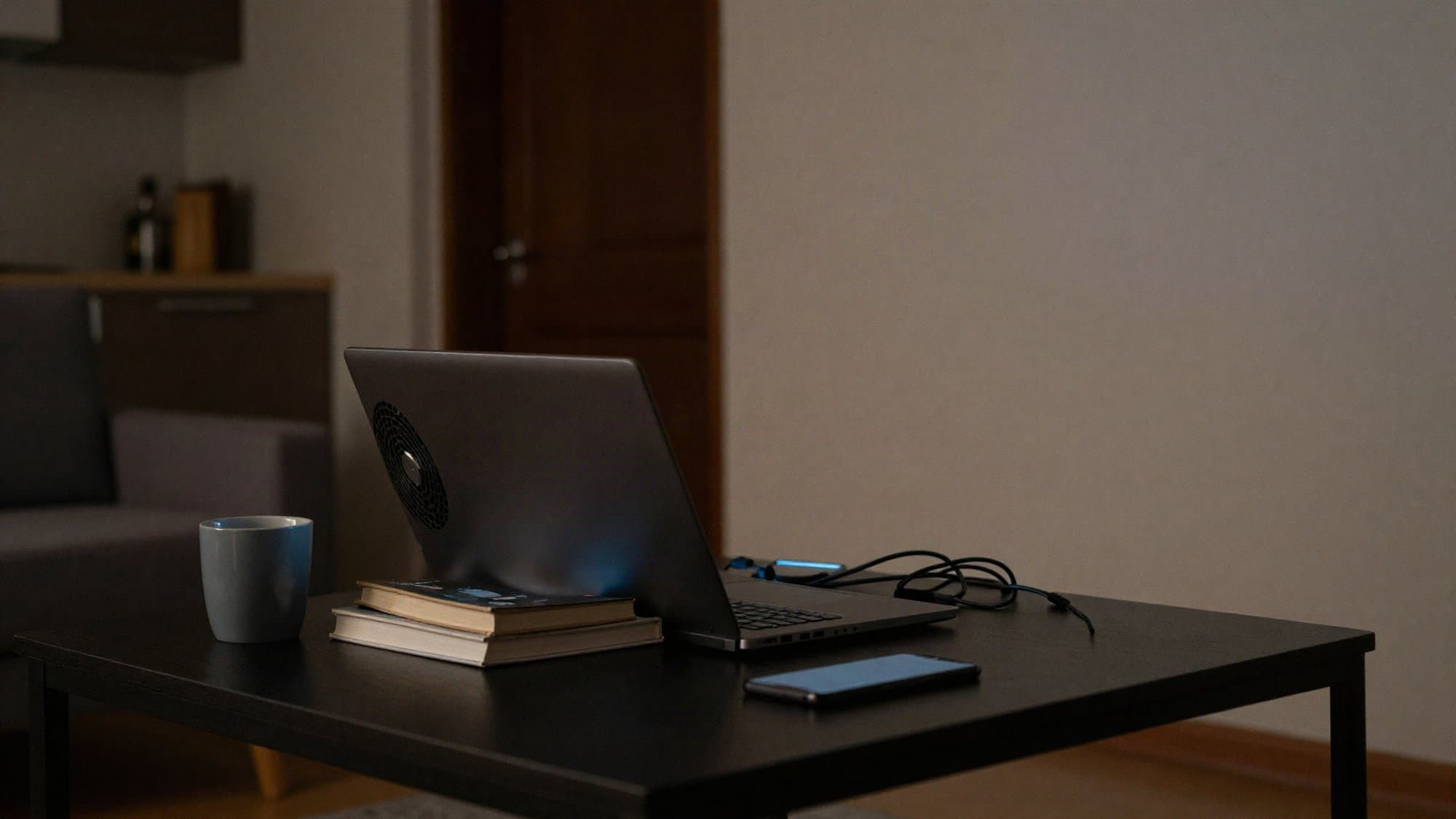 Notebook postavený na dvou knihách na konferenčním stolku v potemnělém obýváku, svítí jen jeho displej.